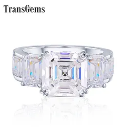 TransGems Solid 18K White Gold 10mm Asscher Cut GH Color Moissanite Anello di fidanzamento per donne con accenti taglio smeraldo Y200620