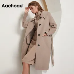 AACHOAE Kadınlar Uzun Yün Ceket Kemer ile Sonbahar Kış Gönlü Yaka Ofis Bayanlar Palto Tek Göğüslü Katı Ceket 210204