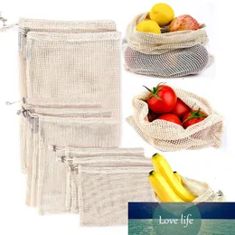 Återanvändbara Bomull Vegetabiliska Väskor Hem Kök Frukt och Vegetabilisk Förvaring Mesh Väskor med Drawstring Machine Tvättbar