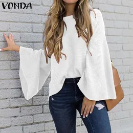 Vonda Woman Bell Sleeve Blue Autumn Winter Loose Knitwear Tops Pullover Shirts Plus Size Bohemian Party Bluesas 5xl Tunics T200322