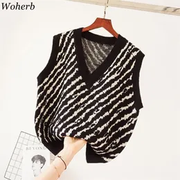 Woherb Zebra Pattern Vintage Sweater Vest Women Fashion Seveless V-Neckカジュアルタンクトップ秋の新しいプルオーバー94099 201223