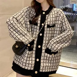 [EWQ] casaco de suéter de outono camisa retro verificação manga comprida única xadrez solto malha solta senhoras qb321 211222