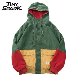 Hip Hop Hoodie Loose Jacket Men Vinter Corduroy Jacka Harajuku Röd Patchwork Höst Hooded Bomber Jacka Coat Reggae Jamaica 201123