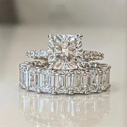 Size 5-10 Couple Rings Luxury Jewelry 925 Sterling Silver Emerald Cut White Topaz CZ Diamond Eternity Women Wedding Bridal Ring Set Gift