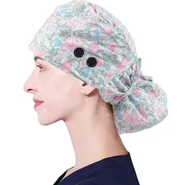Print Adjustable Long Hair Working Cap with Button Ponytail Holder Scrub Hats Elastic Nurse Hat for Women