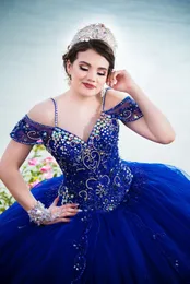 Kungliga blå pärlor kristall quinceanera klänningar puffy kjol vestidos para xv años söt 16 klänning robe de soirée