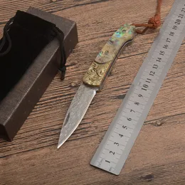 1Pcs New 6.7" Damascus Pocket Folding Knife Damascus Steel Blade Abalone shell Handle EDC Pocket Gift Knives With Nylon Bag