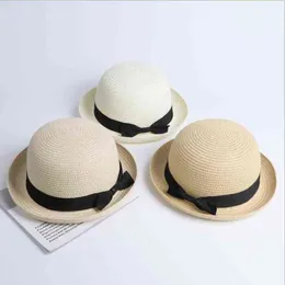 Lady Boater sun caps Ribbon Round Flat Top Straw Fedora Panama Hat summer hats for women straw hat snapback gorras sun hats G220301