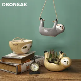 Nordic Wall Hanging Ceramic Vase Sloth Flower Pot Scintapsus Klorofytum Potted Plant Animal Flower Pot Hem Garden Dekoration Y200709