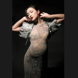 Maternity Pregnancy Gown Photography Props Long Lace Dresses for Baby Shower Pregnant Photo Shoot Studio Props Dress Clothes LJ201120
