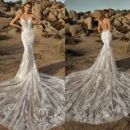 2021 Modern Wedding Dresses Spaghetti Straps Lace Appliques Mermaid Bridal Gowns Custom Made Sexy Backless Sweep Train Wedding Dress