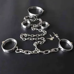 NXY Sex Dorosłych Zabawki RVS Hand Enkelboeien Hals Kraag Volwassen Games Slaaf Bondage Hoofdstenen Metalen Ketting Handboeien Voetboeien BDSM Fetish1216