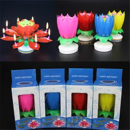 Innovative Party Cake Candle Musical Lotus Flower Rotating Happy Birthday Candle Light Party Gift DIY Cake Decoration