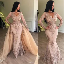 Nowe Długie Rękawy Mermaid Prom Dresses Suknia wieczorowa V Neck Koronki Aplikacje Cekiny Długość podłogi Overdkirts Pociąg Formalne Suknie Wieczorowe Nosić