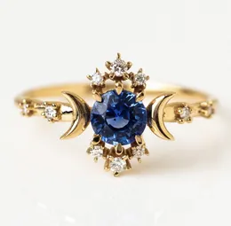 Kvinna Moon Star Rings Blue Zircon Guldfärg Bröllop Förlovningsring Vintage Sten Bröllop Ringar För Kvinnor