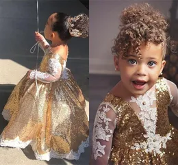 2021 Guld Sequined Tulle Toddler Girl Party Klänningar med Poet Långärmade Vit Applique Pärlor Flower Girls Dress för bröllopsexamen