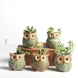 5pcs / mycket kreativ keramisk uggla form blomkrukor för köttig succulent växt djur stil planter hem trädgård kontor dekoration y200709