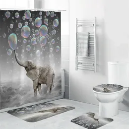 4pcs Elephant Waterproof Polyester Bubbles Bathroom Shower Curtain Toilet Cover Mat Non-Slip Floor Mat Rug Set with 12 Hooks LJ201130