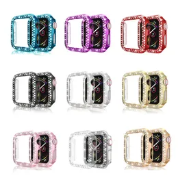 Bling Kristal İki Satırlar Pırlanta Tam Kapak Koruyucu Kılıflar PC Tampon Smartwatch Apple İzle Için IWatch Serisi 7 6 5 4 3 2 44mm 42mm 40mm 38mm 41mm 45mm