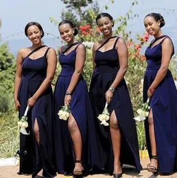 Navy Blue African Plus Size A Line Bridesmaid Dresses One Shoulder High Side Split Wedding Guest Dress Maid of Honor Gowns Vestidos V20