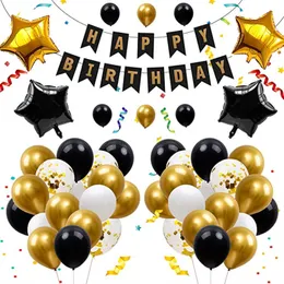 Siyah Altın Yıldız Alüminyum Film Sedefli Balonlar Doğum Günü Banner Combo Set Parti Dekorasyon 39 Parça Set