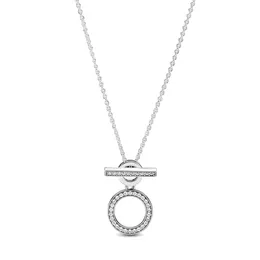 Alta gioielleria Autentica collana in argento sterling 925 Fit Pandora Ciondolo Charm Doppio cerchio T-bar Love Engagement Collane nuziali fai-da-te