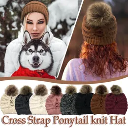 Kvinnor solid sömnad med boll plysch hattar virka knit cross beanie cap chunky pom pom vinter varm hatt sombrero mujer