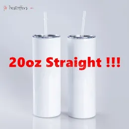 USA Stock Straight 20oz tomt sublimering Rostfritt stål Tumbler Personlig rak kopp med sugrör Termos vattenflaskor muggar