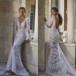 Full Lace Mermaid Wedding Dresses Long Sleeves Appliqued Bridal Gown Sexy V-neck Backless Ruffles Sweep Train Sexy Vestidos De Novia Elegant