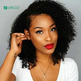 Ny kort afro kinky lockig peruk för svart kvinnor syntetisk värmebeständig remy spets fram peruk naturlig hårlinje