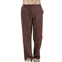 Prosta spodnia luźna kieszeń z sznurkiem Summer Solid Kolor Linen Multi Kieszonkowe Pantorzy pasujące do kamizelki Spodnie dla mężczyzn Y220308