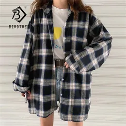 New Arrival Women Batwing Sleeve Oversize Harajuku Plaid Shirt Turn-down Collar Button Up Retro Brushed Blouse Feminina Blusa LJ200815