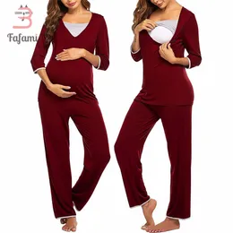 2 Piece / Set Maternity Nursing Pajamas Set Ultra Soft Stretch Pregnancy Sleepwear Casual Uniform Cotton V Neck Clothes Top Pant LJ201118