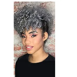 Afro High Puff Hair Bun Ponytail Sznurek z Bangs Ludzki Krótki Kinkys Kręcone Ananas Pony Tail Clip In On Wrap Updo Extensions