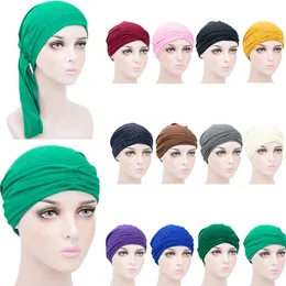 Muzułmanin Jersey Hijab Turban Cap Plised Soild Color Turbante Hat Hatwear Islamski Nakrycia Nakrycia Indie Dla Kobiet Wewnętrznych Hidżab Czapki Moda