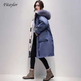 Fitaylor Large Real Fox Fur Collar Long Coat Winter Jacket Women 90% White Duck Down Thick Parkas Warm Sash Tie Up Snow Outwear 201023