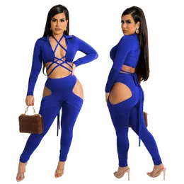 Novo atacado fatos de treino feminino dois 2 peça conjunto sexy bandagem colheita superior calças combinando conjunto sólido moda oco para fora roupas queda roupas manga longa roupas esportivas 6912