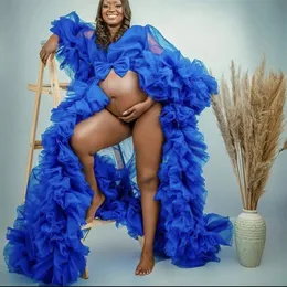 Vestidos de banheiro africanos azuis vestidos de chá de bebê feminino Bathrobe Ruffled Maternity Shoot Shoot Dress Oversize