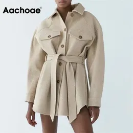 ACHOAE 가을 겨울 여성 벨트 단단한 긴 소매 포켓이있는 세련된 양모 코트 겉옷 칼라 턴 다운 칼라 턴 다운 코트 201222