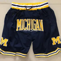 Stitched Custom NCAA Michigan M Shorts Broderi Pocket Billiga Basketball S-XXL