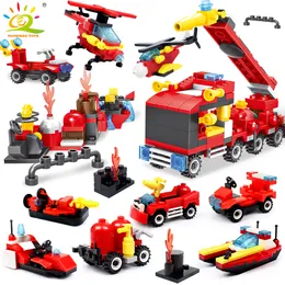 Huiqibao 376st 8in1 brandbekämpning byggstenar stad lastbil brandman helikopter båt utbildningsmodell tegelstenar barn leksaker lj200928