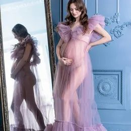 Zobacz Thru Sexy Prom Dresses Ruffles V Neck Photoshoot Suknie Sheer Tulle Długość Dress Maternity Dress Rates 2022