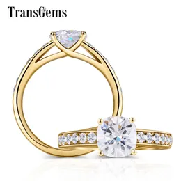 Transgems 14 K 585 Sarı Altın Merkezi 7.5mm 2 CT FG Renksiz VVS Yastık Cut Moissanite Nişan Yüzüğü Kadınlar için Y200620