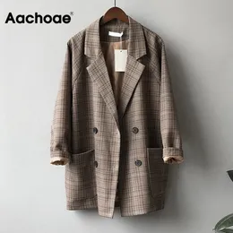 Aahoae Vintage Blazer Blazer для женщин Свободные офисные пальто с длинным рукавом с карманами, повседневная двубортная верхняя одежда вершины 201201