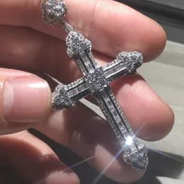 Mode 925 Sterling Silver Blomma Utsökt Bibeln Jesus Cross Pendant Halsband för kvinnor Krucifix Charm Pave Simulated Diamond Smycken