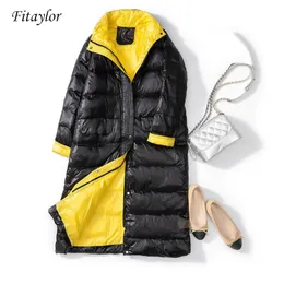 Fitaylor Novas Mulheres 90% Ultra Luz Branca Duck Down Jacket Inverno Longo Casaco Feminino Solto Windproof Down Coat 201023