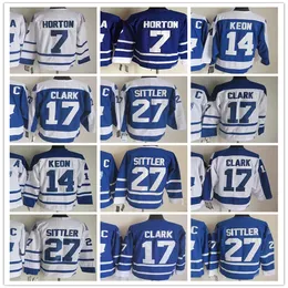 Men Vintage Toronto Hockey CCM Retro Jerseys 17 Wendel Clark 27 Darryl Sittler 14 Dave Keon 7 Tim Horton 1 Johnny Bower ed Blue White Alternate