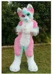 made Pink Long Fur Furry Fox Wolf Husky Dog Mascot Costume Fursuit Adult Cartoon Christmas party PartyDress cartoon