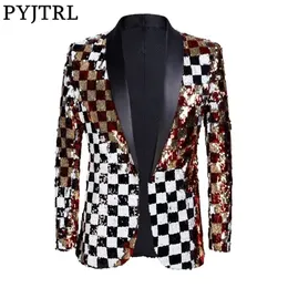 PYJTRL Brand New Men Double-sided Plaid colorato Oro rosso Bianco Nero Paillettes Blazer Design DJ Singer Suit Jacket Fashion Outfit LJ201103