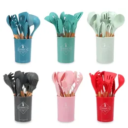 Wooden Silicone Kitchen Utensils Set Nonstick Utensils Cooking Tool Spoon Soup Ladle Turner Spatula Tong Cookware Baking Gadget 201223
